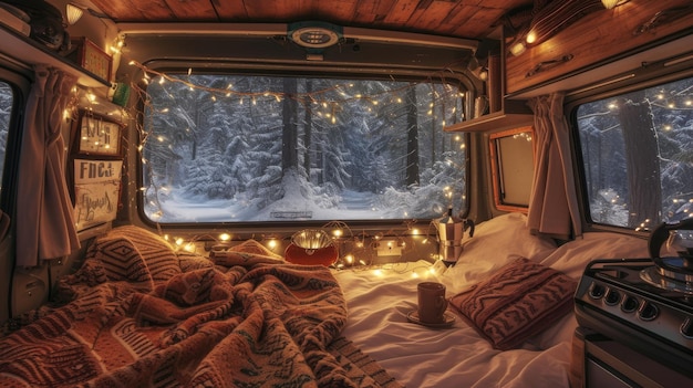 Camper mit Bett und Licht