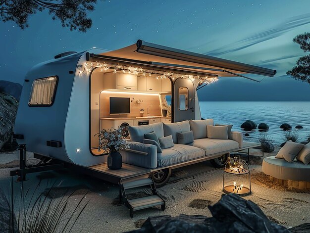 Foto camper moderno de luxo estacionado com espaço ao ar livre confortável perto do mar