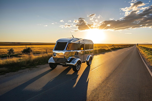 Camper na estrada ao pôr-do-sol na estepe