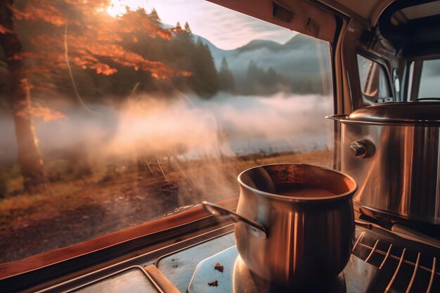 Un camper con una olla en la estufa y un fondo de niebla