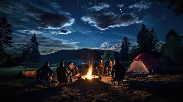 Camper sitzen nachts am Lagerfeuer.