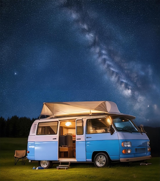 Camper van acampando sob o céu noturno estrelado