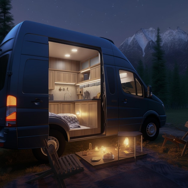 Camper van elegante e moderno em uma floresta tranquila