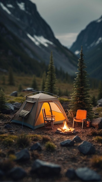Camper Van Fuego de campamento al aire libre en el bosque salvaje Microfotografía en miniatura de la naturaleza