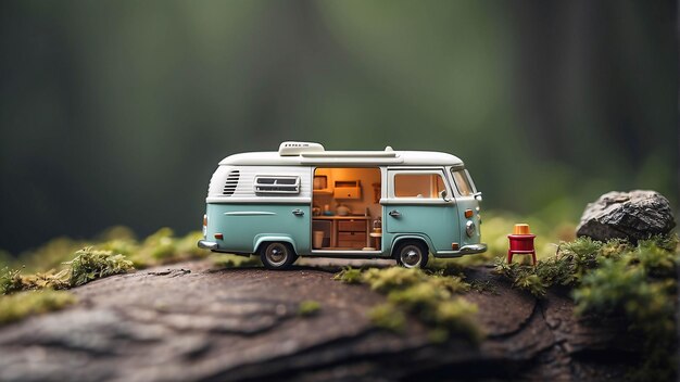 Camper Van Fuego de campamento al aire libre en el bosque salvaje Microfotografía en miniatura de la naturaleza