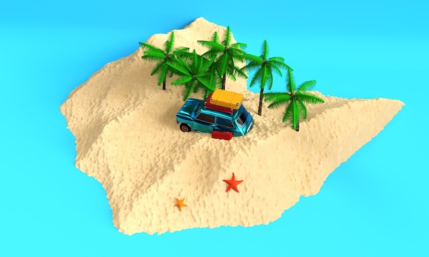 Camper van renderização 3D em uma praia de areia