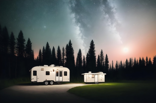 Camper Zelt im Dschungel unter sternenklarer Nacht Generative AI Galaxy Landschaft Hintergrund Outdoor-Lifestyle-Konzept