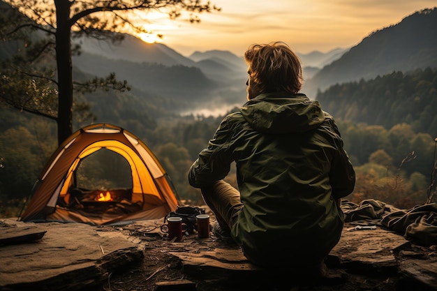 Camper zünden im Lager in der Nähe des Zeltes ein Feuer an, verbringen Zeit in der Natur und genießen generative KI