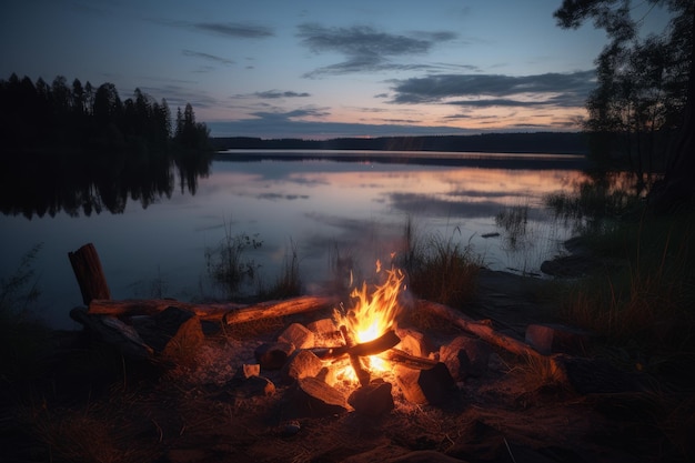 Campfire Lake Sunset Camp Generiere Ai