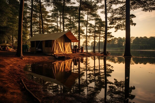 Camping ao lado de um tranquilo lago alpino cercado por montanhas