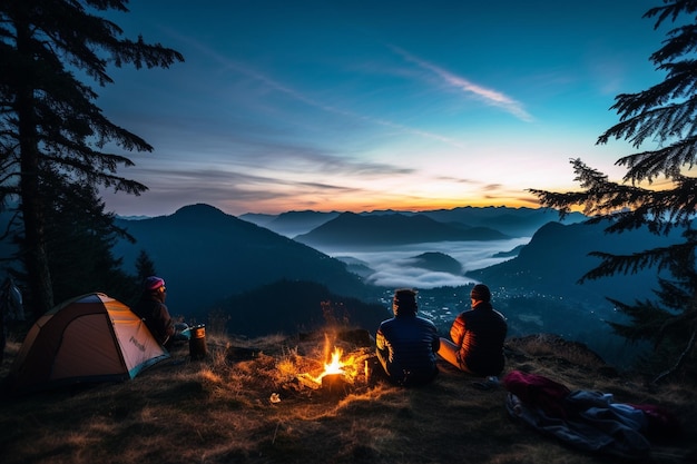 Camping auf einem Berg mit wunderschöner Aussicht mit Freunden