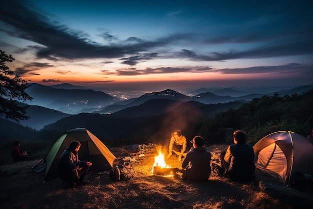 Camping auf einem Berg mit wunderschöner Aussicht mit Freunden