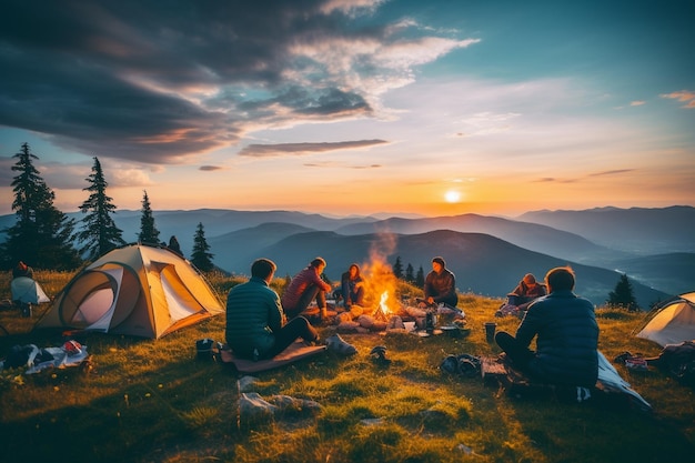 Camping auf einem Berg mit wunderschöner Aussicht mit Freunden