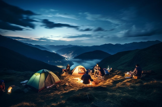 Camping auf einem Berg mit wunderschöner Aussicht mit Freunden
