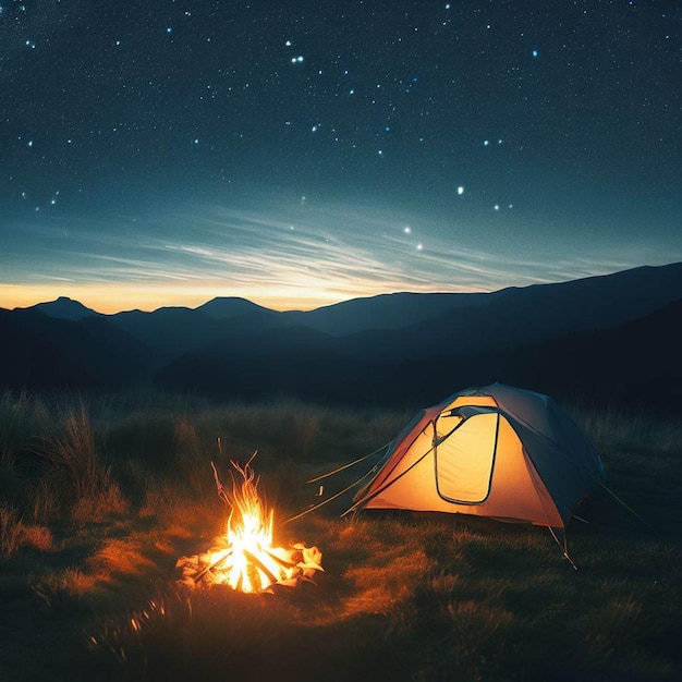 Foto camping auf grünen bergen tapeten