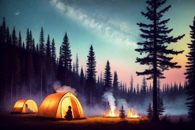 Camping en el bosque Carpa en la jungla bajo el cielo nocturno lleno de estrellas y Vía Láctea fondo de paisaje natural Concepto de estilo de vida al aire libre IA generativa