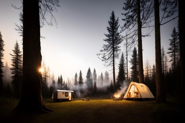 Camping en el bosque Carpa en la jungla bajo el cielo nocturno lleno de estrellas y Vía Láctea fondo de paisaje natural Concepto de estilo de vida al aire libre IA generativa