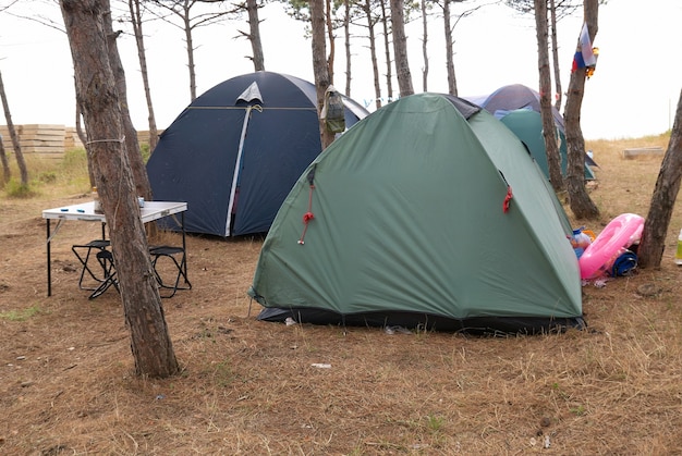 Camping en el bosque con muchas carpas.