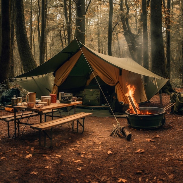 Camping en el bosque de otoño Tienda turística en el bosque