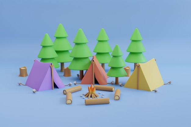 Camping cercado por pinheiros. conceito de viagens e camping. barraca perto da fogueira. renderização em 3d