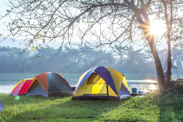 Camping com barraca na grama verde