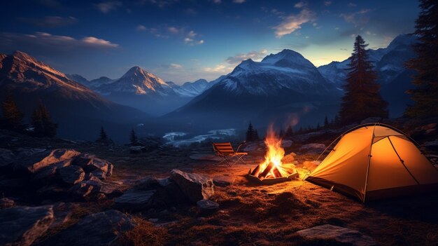 Foto camping de montanha e fogueiras de acampamento