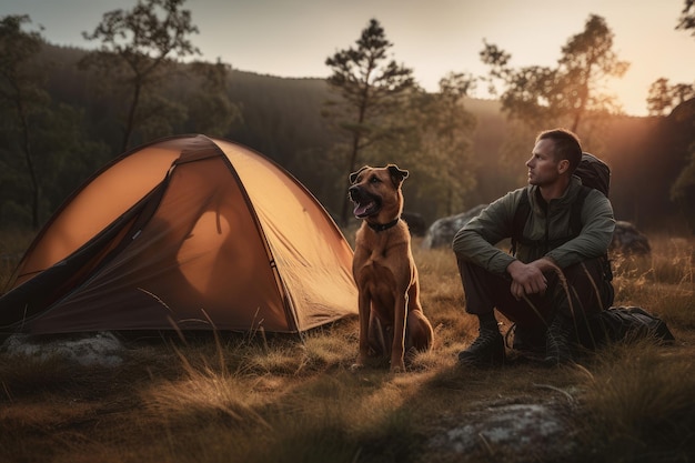 Camping hombre bosque puesta de sol Generar Ai