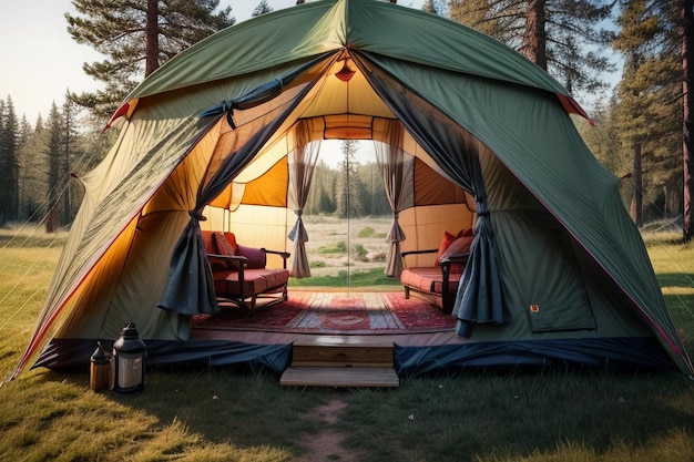 Camping im Freien, Zeltreisen, Entspannung, Erholung, Zelt im Wald