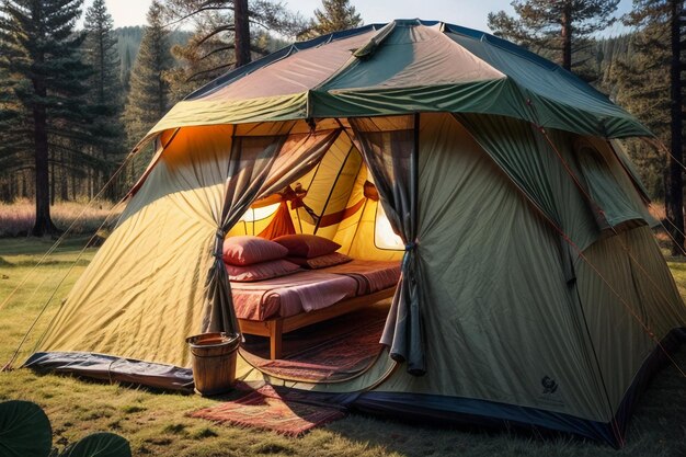 Camping im Freien, Zeltreisen, Entspannung, Erholung, Zelt im Wald