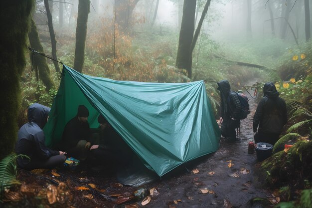 Camping im nebligen Wald