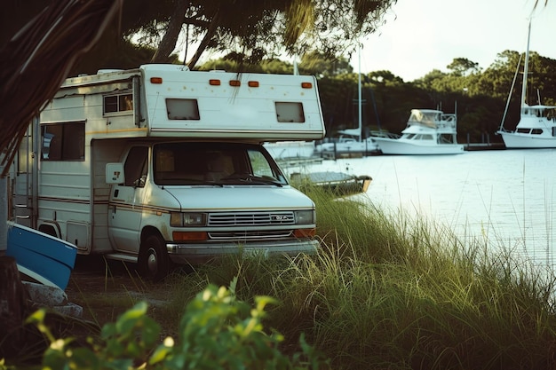 Camping im Wald des Wohnwagens Urlaub in einem Wohnwagen