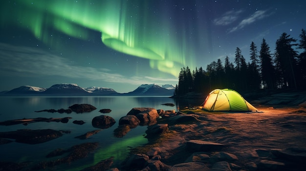 Camping im wilden See mit einem beleuchteten Zelt, um eine spektakuläre grüne Nordlichter-Aurora zu beobachten