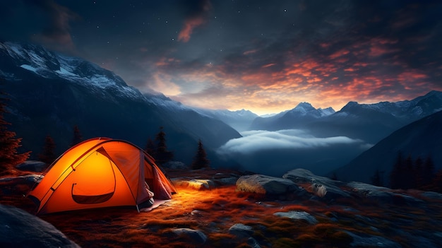 Camping in den Bergen mit orangefarbenem Zelt in der Nacht