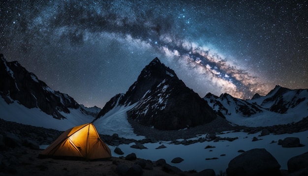 Camping in den Bergen unter den Sternen Ein Zelt unter der Milchstraße
