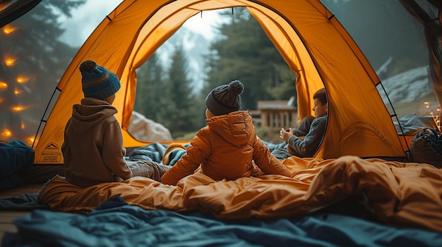 Foto camping interno em família instalação de tendas papel de parede