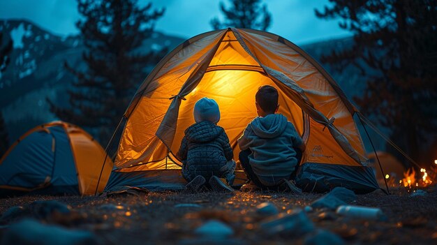 Foto camping interno em família instalação de tendas papel de parede