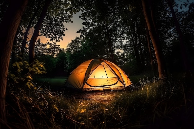 Camping en el lago al atardecer