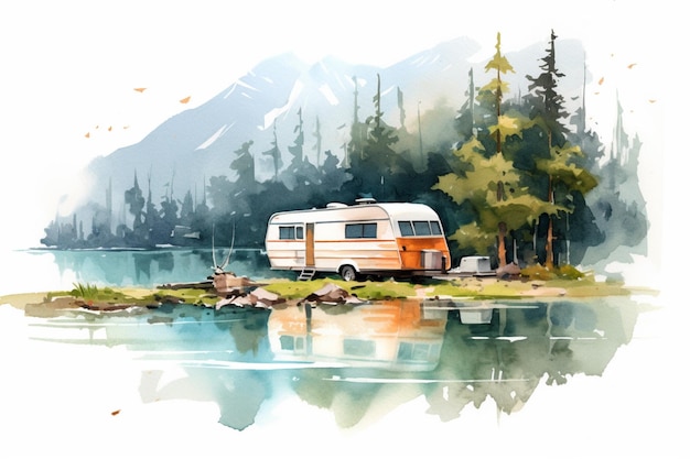 Camping en lago de montaña con agua de remolque de viaje