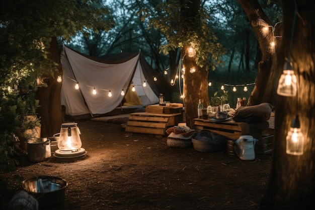 Camping con linternas y luces de cadena para una sensación cálida y  acogedora creada con ai generativa