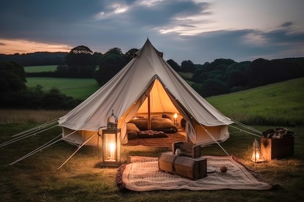 Camping de lujo Glamping en el campo al atardecer