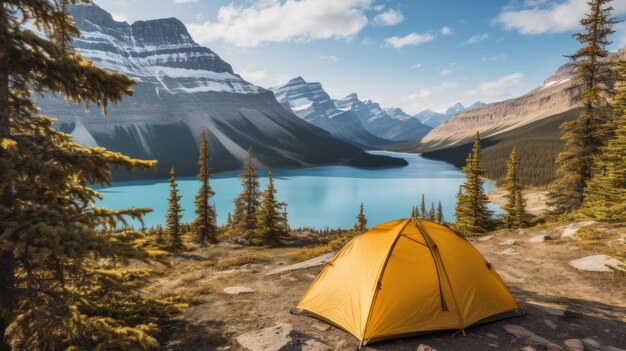 Camping mit gelbem Zelt am Peyto Lake im Icefields Parkway in der Schweiz