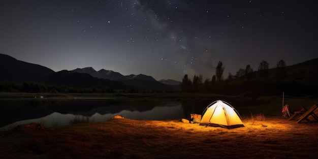 Camping en la noche cielo estrellado vista a la montaña IA generativa AIG20