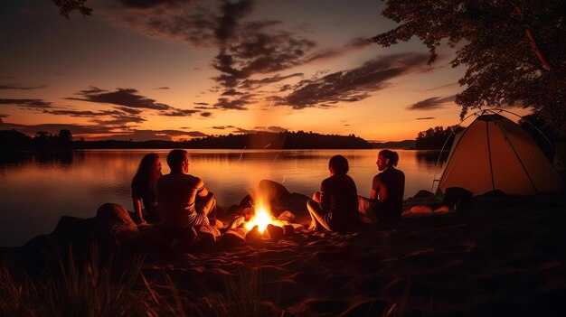 Camping nocturno de verano en la orilla del lago.