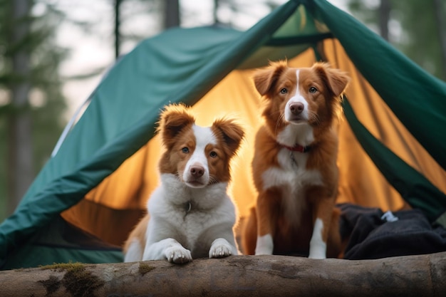 Camping pawsome Nova Scotia Duck Tolling Retriever y Jack Russell Terrier se embarcan en un campamento