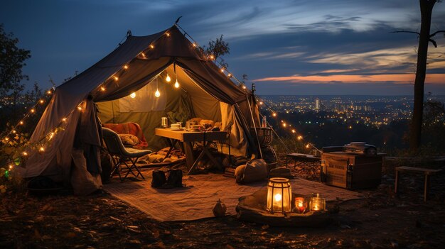 Camping romántico con IA generativa con luces de linterna, almohadas, manta, vista a la ciudad por la noche