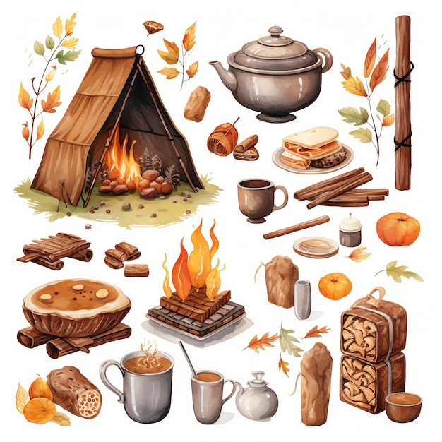 Camping Smores Otoño Otoño ilustración acuarela