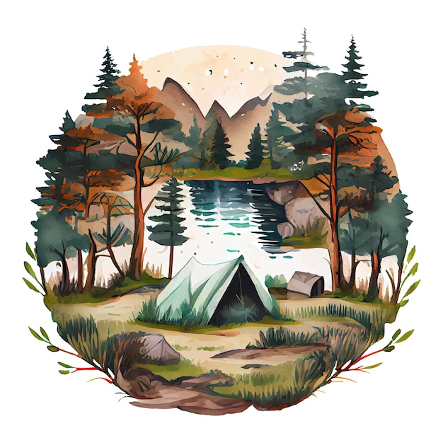 Camping de tienda de campaña acuarela con ilustración de paisaje natural de río lago fogata