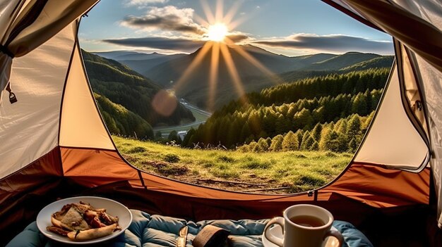 Camping Con Tiendas De Campaña Por El Lago Y Bosque De Pinos En La Luz Del  Sol De La Mañana. Fotos, retratos, imágenes y fotografía de archivo libres  de derecho. Image 76491883