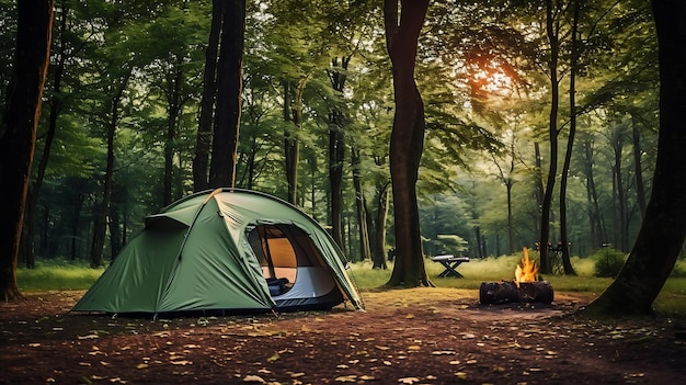 Camping tienda de picnic campamento en el bosque de senderismo al aire libre