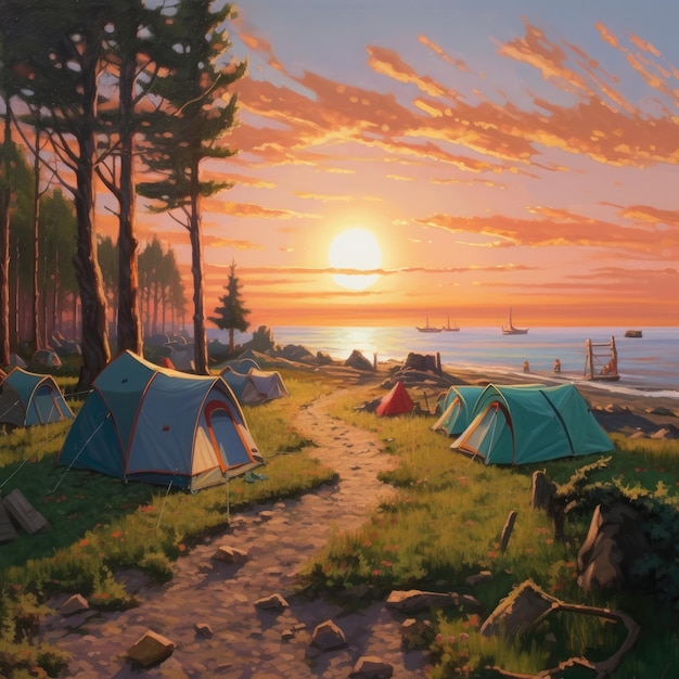 Camping und Zelt unter dem Kiefernwald in der Nähe des Sees mit schönem Sonnenlicht. Generative KI